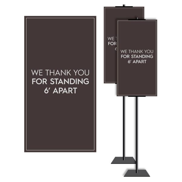 8901BR-2 Standing and Wall Covid safety signs: Masks, 6' apart, and please wait. Hotel Signage Guidelines, Retail Store Signs, and Interior Office Signs.