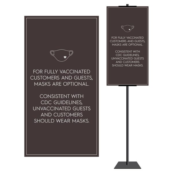 8928BR - 2 Brown Covid safety signs: Masks, 6' apart, and please wait. Hotel Signage Guidelines, Retail Store Signs, and Interior Office Signs.
