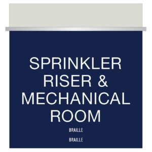 Blue Sprinkler Riser and Mechanical Room Signs for Hotels, Retail Stores, and office to match visual merchandising and visual decor by a premier sign company